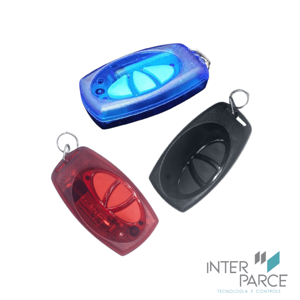 Controle Simples para Painel Eletrônico da Inter Parce, disponível nas cores azul, vermelho e preto, com 3 botões para chamada e rechamada de senhas.