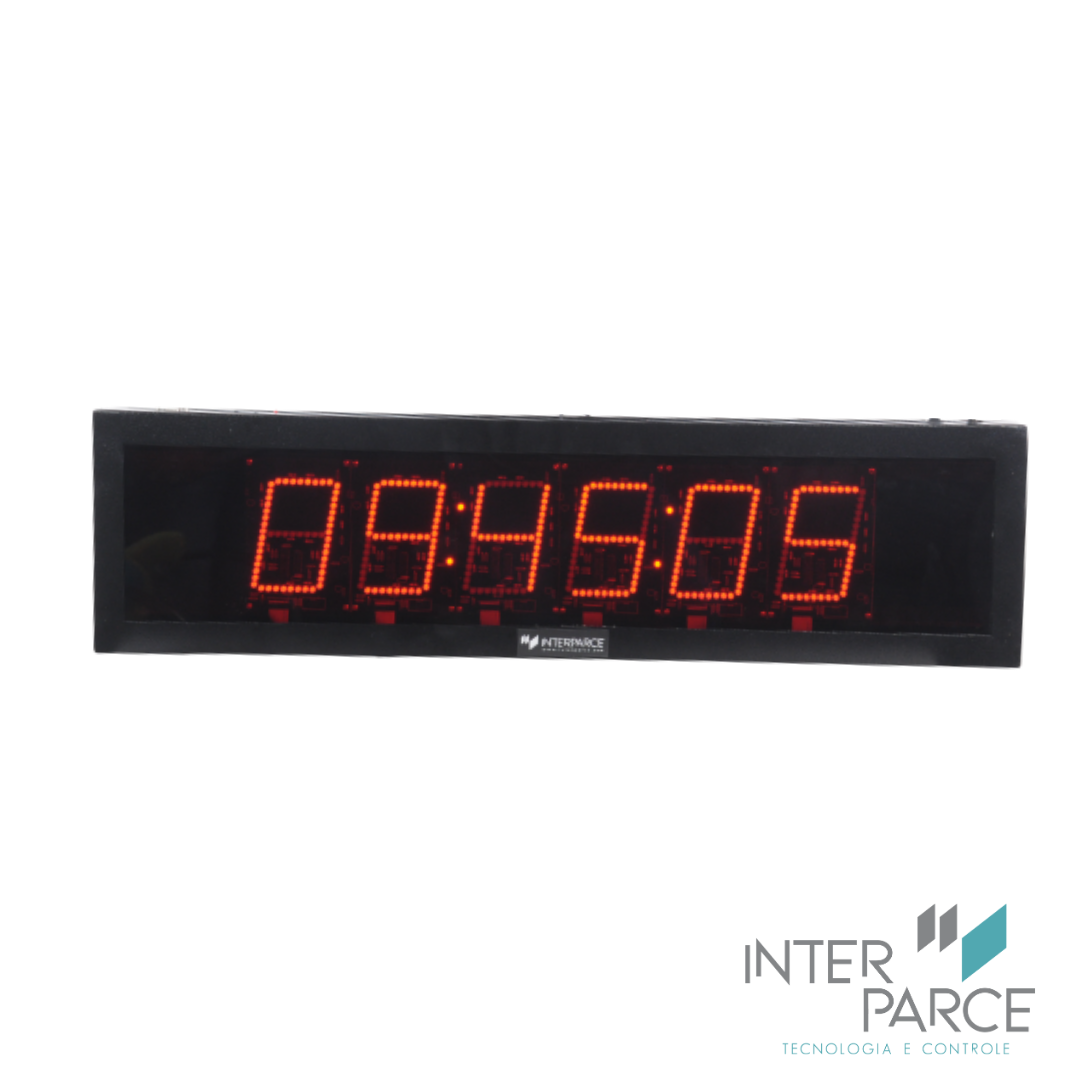 Cronômetro 6 dígitos da Inter Parce com display LED vermelho, ideal para uso interno em indústrias, eventos e ambientes com grande visibilidade.