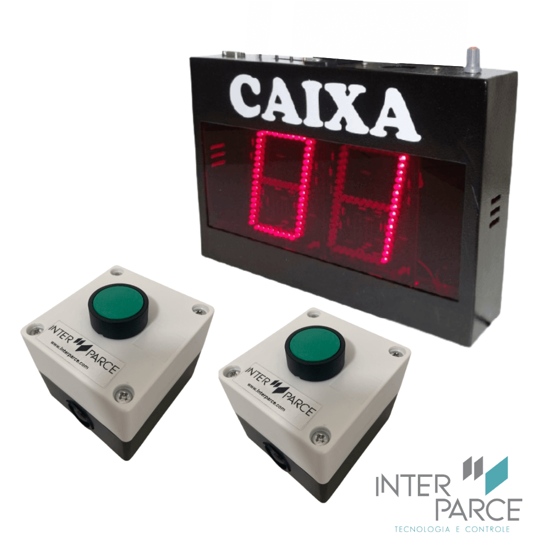 Painel Caixa Rápido com visor LED de 10 cm e botões industriais Inter Parce, ideal para agilizar o atendimento e organizar filas no PDV.