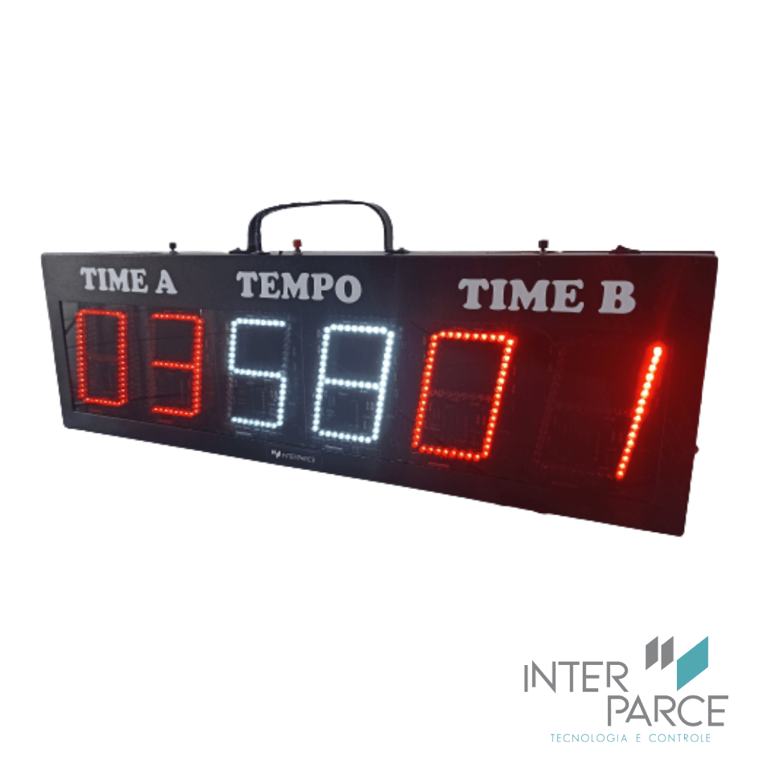 Placar eletrônico portátil da Inter Parce com display para Time A, Time B, cronômetro central e sirene, ideal para jogos e eventos esportivos.
