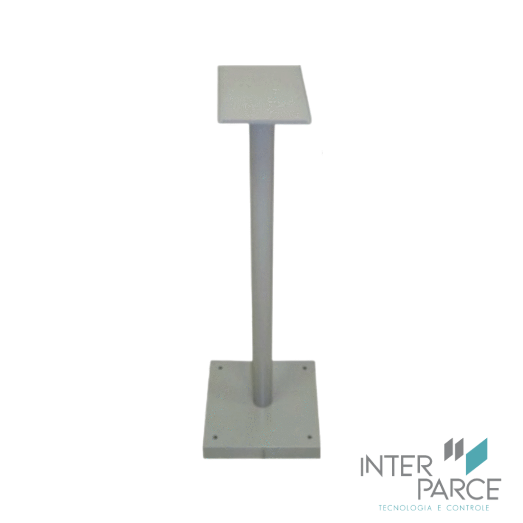 Suporte metálico cinza para impressora de senhas, com base estável e estrutura vertical, ideal para clínicas, cartórios e ambientes da saúde.