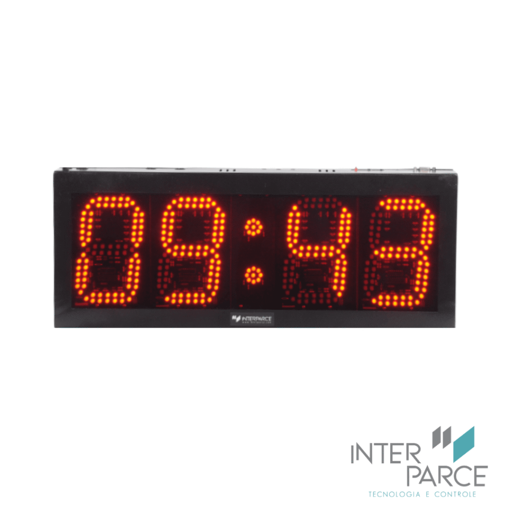 Relógio digital para área externa modelo W1729 ou W2070 da Inter Parce, com display LED vermelho de alto brilho e gabinete resistente em aço.