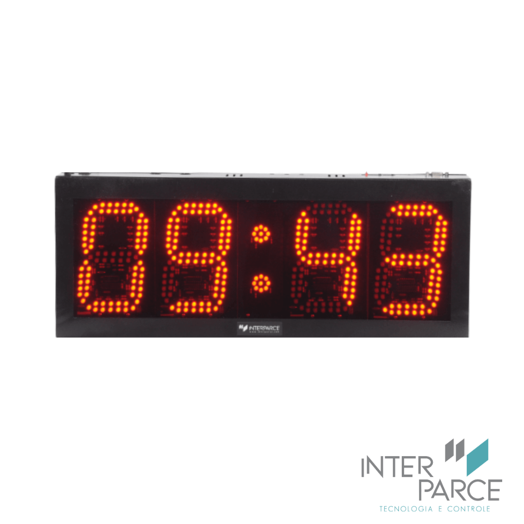 Relógio digital para área externa modelo W1729 ou W2070 da Inter Parce, com display LED vermelho de alto brilho e gabinete resistente em aço.